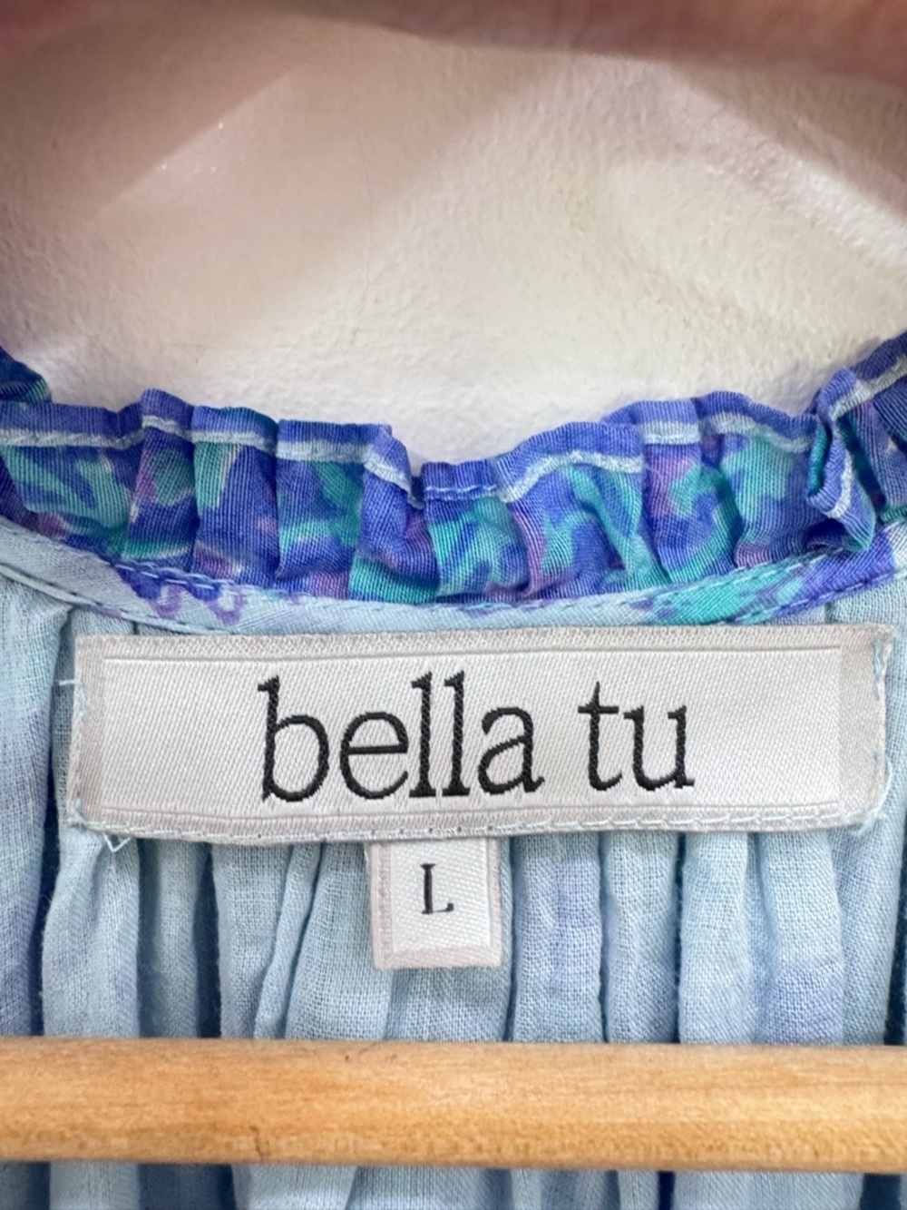 Bella Tu Shirtdress block print ruffle blue purple Sz LG no belt - Picture 3 of 6
